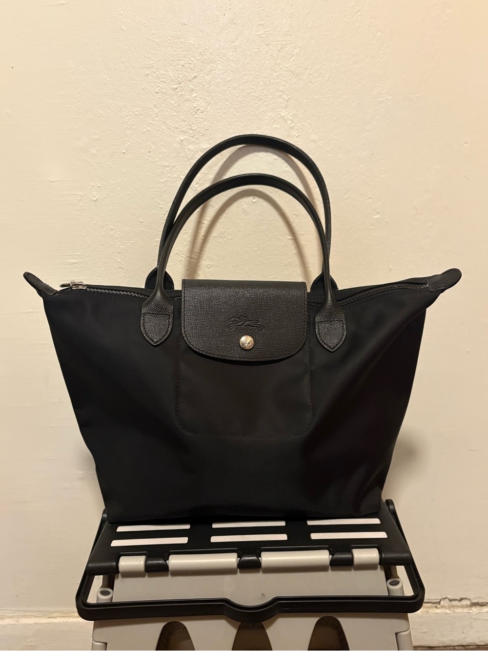 Longchamp Black Nylon Tote with Leather Trim